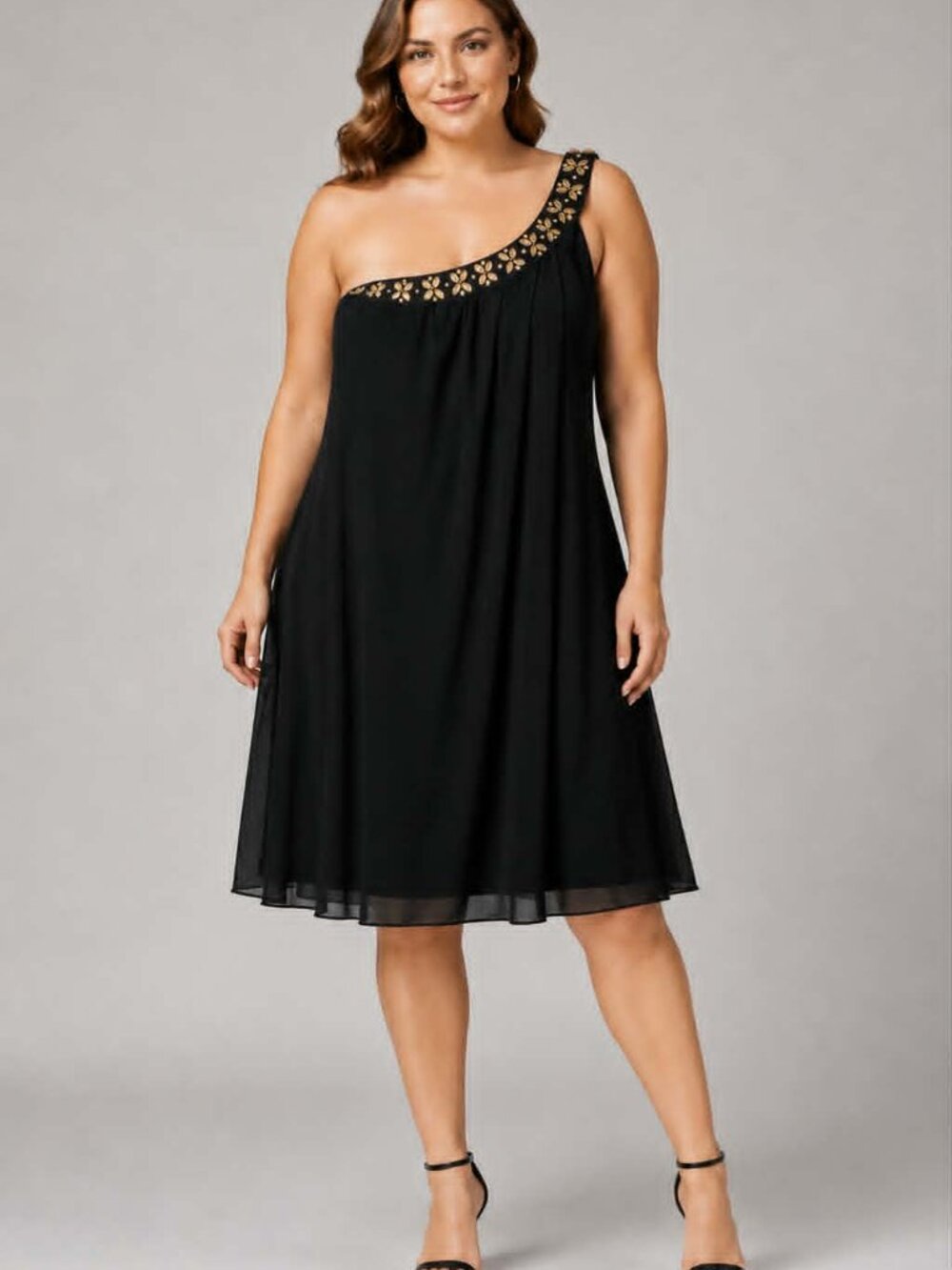 Ever-Pretty Women’s Size 16 Black One Shoulder Chiffon Dress Gold Rhinestone